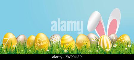 Ostern Hare Ears Golden Happy Easter Eggs Blue Header German text Frohe Ostern, translate Happy Easter. Stock Photo