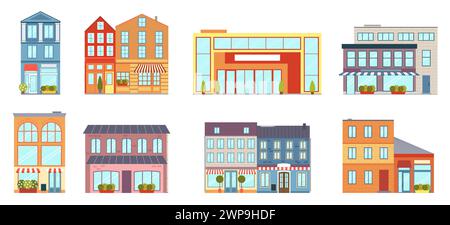 City buildings. House, business office icons, modern color cafe apartments and condominium. Shop and apartment. Street panorama. Geometric minimal isolated elements, vector cartoon flat isolated set Stock Vector