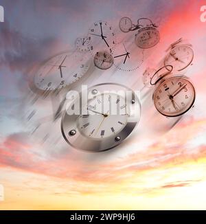 Clocks in bright sky. Time flies Stock Photo