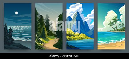 Nature landscape. Summer beach. Sea sunset. Ocean waves. Sky clouds. Mountain valley. Scenic horizon. Wild forest. Pine trees. Sand seashore with palms. Night moon. Day scenery. Vector posters set Stock Vector