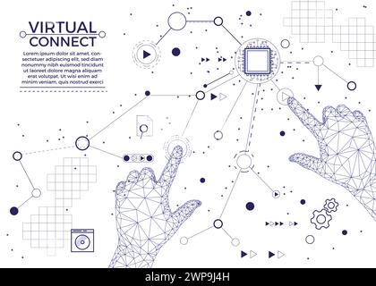 Virtual connect. concept. Future robot hands. Internet business industry. Artificial line clouds. Smart human arms. Digital processor and microchip. Computer innovation. Electronic CPU. Vector concept Stock Vector