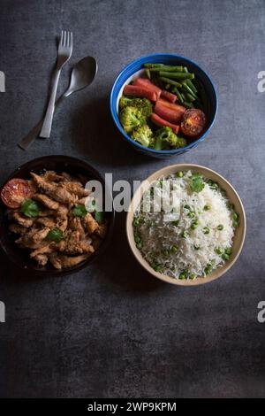 Healthy meal rice, chicken and boiled vegetables. Stock Photo
