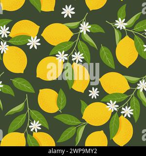 Tropical seamless pattern with yellow lemon branches. Citrus Fruit background. Vector Illustration in flat style Stock Vector