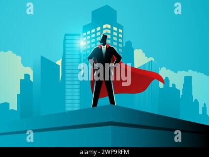 Businessman as a superhero standing on the top of a mountain ...