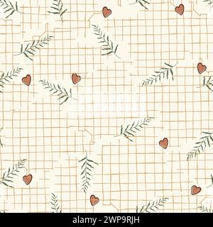 Grid line wall with small hearts and branches pattern. Spring ivy plants vector illustration. Vector endless texture for digital paper, fabric. Stock Vector