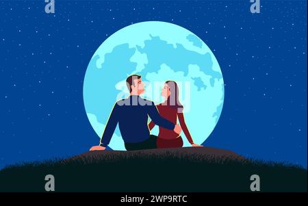 Simple flat vector illustration of couple sitting on the grass field during the full moon Stock Vector