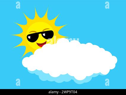The sun, adorned with cool sunglasses, playfully peeks from behind a fluffy cloud, radiating positivity and lightheartedness Stock Vector
