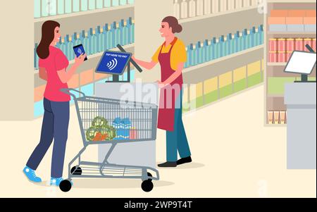 Woman using NFC technology to pay for her shopping at the supermarket. It conveys the ease and speed of cashless transactions in today's digital age Stock Vector