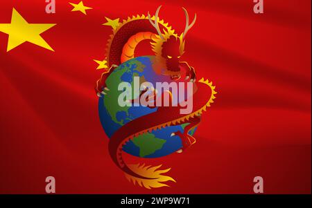 Red Chinese dragon encircles the world on the backdrop of the China flag, symbolizing China's economic influence and power on a global scale. Themes o Stock Vector