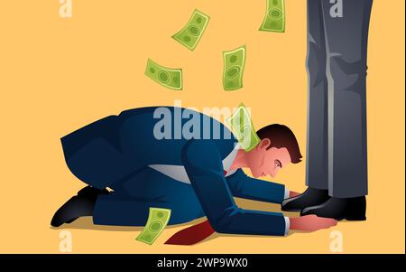 Businessmen bow down and bootlicking the feet of powerful man who shower him with money. Represents themes of compliance and financial dependency, con Stock Vector