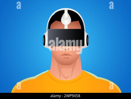 Illustration of a man in virtual reality goggles against a blue backdrop, explore the boundless possibilities of technology and imagination that speak Stock Vector
