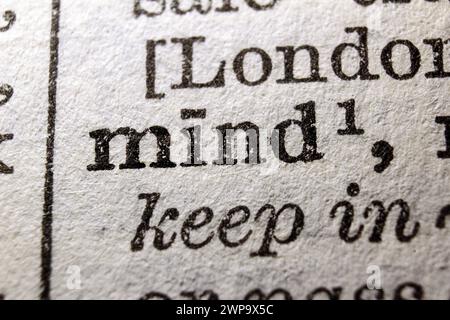 Word mind on dictionary page, macro close-up Stock Photo