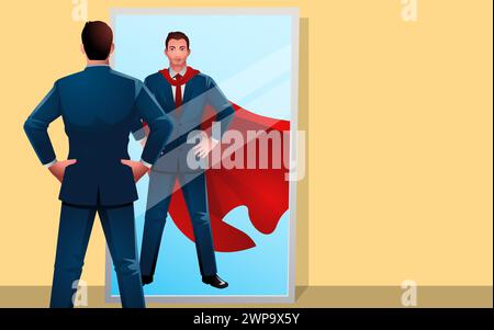 Businessman standing with hands on hips in front of a mirror seeing himself as a superhero. Symbol of confidence, self-belief, leadership, motivation, Stock Vector