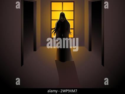 Illustration of a female ghost standing in front of a window in a haunted house. This chilling and atmospheric image is perfect for Halloween-themed c Stock Vector