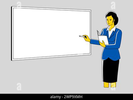 Line art illustration of a female teacher teaching in front of the class room, vector illustration Stock Vector
