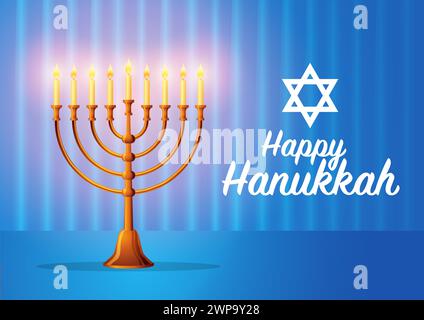 Vector illustration of menorah a traditional candelabra on blue curtain background, perfect for Jewish religious occasions, like Hanukkah, Yom Kippur, Stock Vector