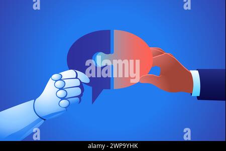 Business concept of human and robot hands put together a puzzle that forms a bubble text, representation of potential for AI to enhance planning and s Stock Vector