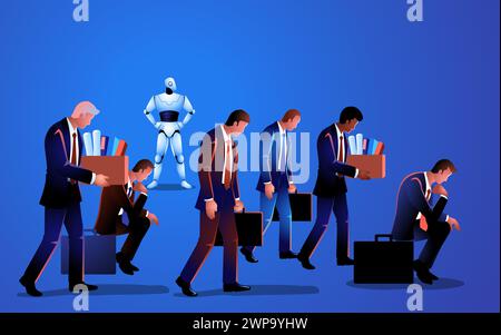Illustration portraying the looming AI threat, embodied by a robot overtaking human job roles. Stock Vector