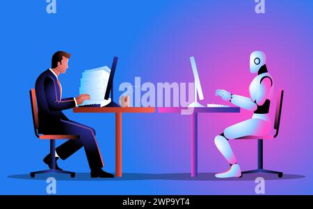 Symbolizes the convergence of human and artificial intelligence in the workplace. It's perfect for conveying themes of automation. Stock Vector