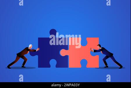 Two businessmen are pushing to match two jigsaw pieces. representation of collaboration, teamwork, synergy, working together towards success, and the Stock Vector