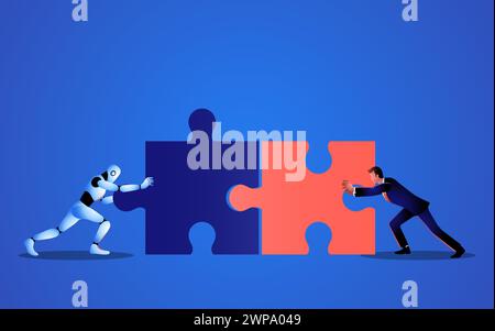 Businessman and a robot are pushing to match two jigsaw pieces. Representation of potential for AI to enhance planning and strategy in business Stock Vector