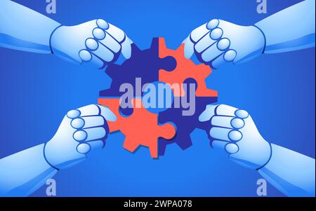 The use of AI to solve complex problems. In this visual, robot hands expertly assemble a puzzle, forming a cogwheel Stock Vector