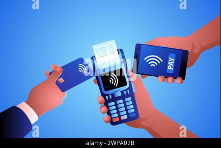 Men using NFC technology from mobile phone and card to make a payment. Represents the convenience and efficiency of digital payment methods. Stock Vector
