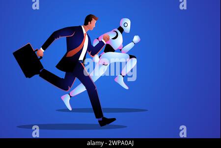 Conceptual illustration of a businessman racing against robot, depiction of human ingenuity challenging technological advancement. Stock Vector