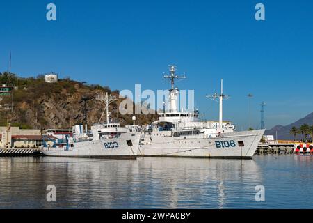 Manzanillo, Mexico - 16 January 2024: ARM Altair B103 and ARM Rio Tecolutla B-108) boats of the Mexican navy moored in the port of Manzanillo. Stock Photo