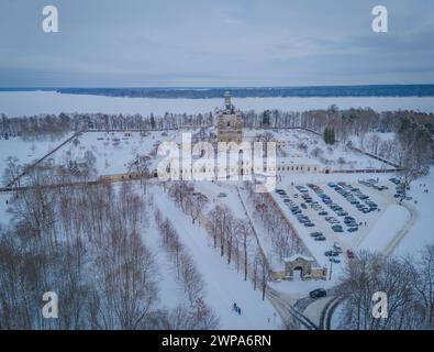 Aerial view of Baroque architecture Pazaislis monastery in Kaunas, Lithuania in winter with an icy Kaunas lagoon in background Stock Photo