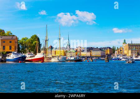 View of the old town and moored ships, Stockholm, Sweden Stock Photo