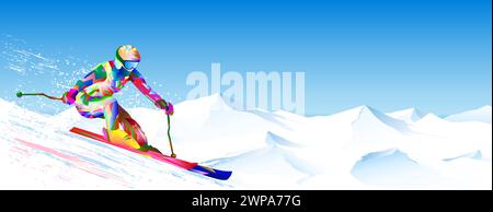 A quick descent against the backdrop of the sky and snow-capped peaks. The athlete is actively involved in skiing. Downhill and slalom. The bright-col Stock Vector