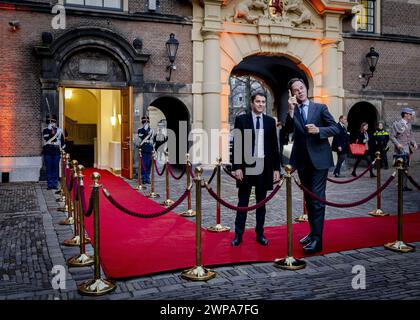 THE HAGUE - Prime Minister Mark Rutte greets French Prime Minister Gabriel Attal of France for an introductory meeting at the Ministry of General Affairs. ANP REMKO DE WAAL netherlands out - belgium out Stock Photo