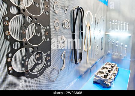 Truck engine block gaskets in workshop Stock Photo