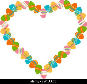Easter frame in the shape of a heart. Border made of Easter painted eggs. Perfect for festive holiday decoration and spring greeting cards. Vector Stock Vector