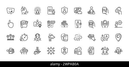 Loan, Biometric security and Global business line icons pack. AI, Question and Answer, Map pin icons. Employee hand, Security, Woman love web icon. Ve Stock Vector