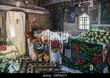 DESESTI, ROMANIA - SEPT. 19, 2020: Interior of Saint Parascheva Church, a Romanian Orthodox church built in 1770, one of eight wooden churches of Mara Stock Photo