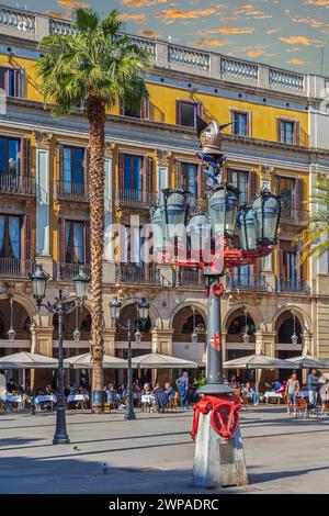 BARCELONA, SPAIN - MARCH 1, 2022: Placa Reial, a square  designed by F. D. Molina in the 19th century, in the neighborhood Barri Gotic. The square's l Stock Photo