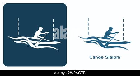 Emblem of Athlete in kayak paddling and navigating through waves and slalom gates. Stock Vector