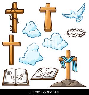 Happy Easter set of items. Background with religious symbol. Stock Vector