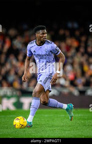 Real Madrid's French player Auelien Tchouameni in action during an EA Sports LaLiga match at Mestalla, Valencia, Spain. Stock Photo