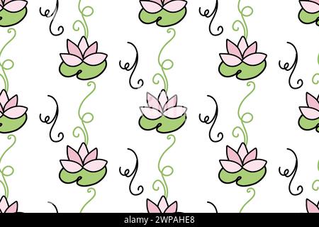 Seamless pattern with lotus and water lilies. Hand drawn doodles isolated on white background. Colored vector design in cartoon style for textile Stock Vector