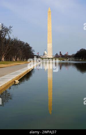 Washington Monument and the Lincoln Memorial reflecting pool on the National Mall in Washington DC Stock Photo