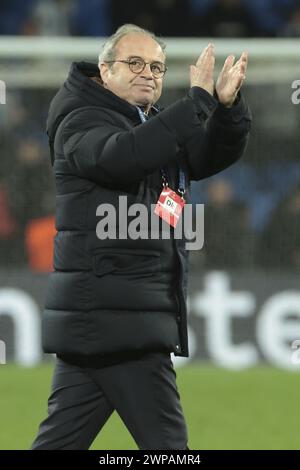 PSG manager Luis Campos celebrates the victory following the UEFA Champions League, Round of 16, 2nd leg football match between Real Sociedad and Paris Saint-Germain (PSG) on March 5, 2024 at Reale Arena in San Sebastian, Spain Stock Photo