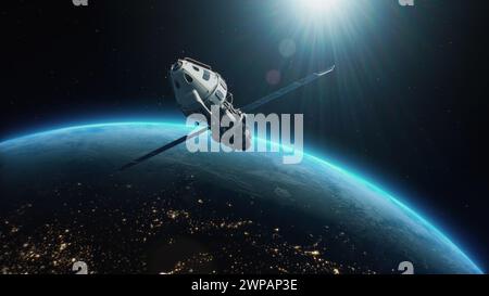 3D animation of satellite attacking space object with laser weapon in ...