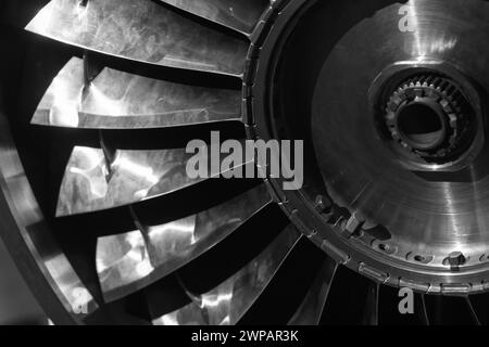 Turbine rotor of a turbojet engine, close up photo with selective soft ...