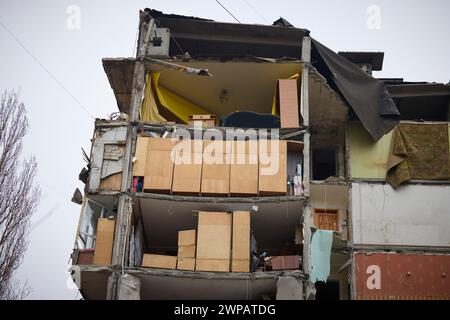 Odessa, Ukraine. 06th Mar, 2024. The residential high-rise apartment complex at 134 Dobrovolskoho Avenue destroyed by a Russian drone killing 12 civilians, including five children in their home, March 6, 2024 in Odesa, Ukraine. Credit: Ukraine Presidency/Ukrainian Presidential Press Office/Alamy Live News Stock Photo