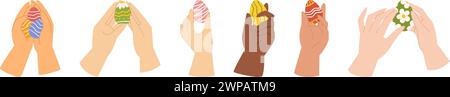 Collection with different hands that are holding easter painted eggs Stock Vector