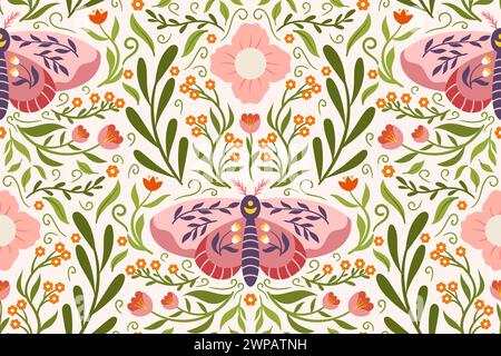 Continuous design featuring a whimsical moth, flowers, and leaves. Delicate folk-style Scandi pattern suitable for printing on fabric, wrapping paper, Stock Vector