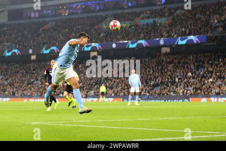 Etihad Stadium, Manchester, UK. 6th Mar, 2024. Champions League Football, Round of 16, Manchester City versus Copenhagen; Rodri of Manchester City hits the crossbar with a header early in the game Credit: Action Plus Sports/Alamy Live News Stock Photo